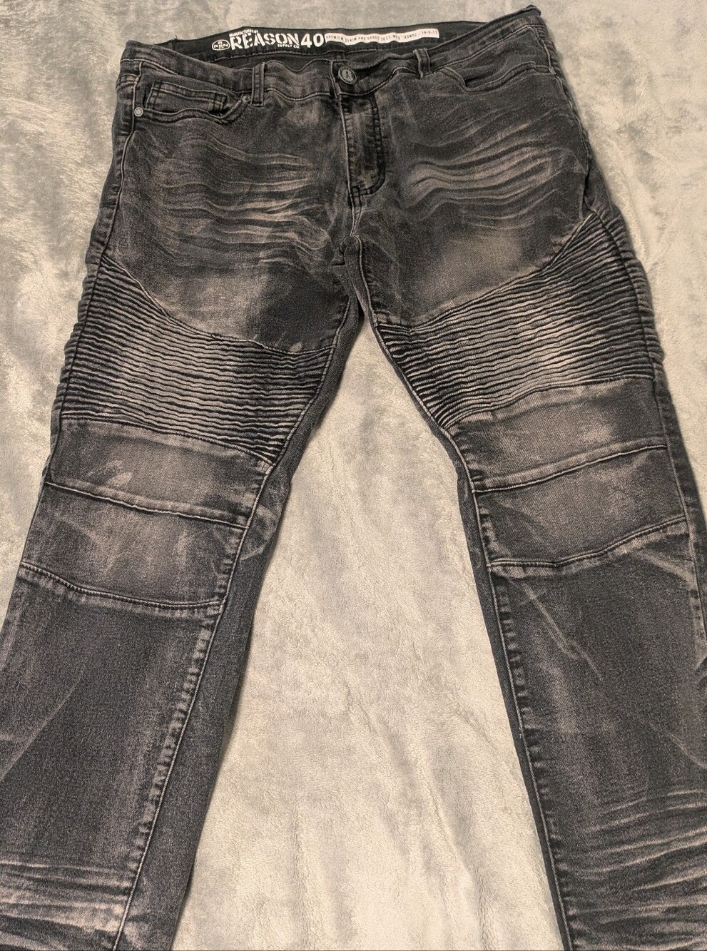Reason Clothing Men’s Moto Biker Jeans Black Acid Wash Ribbed Skinny Denim